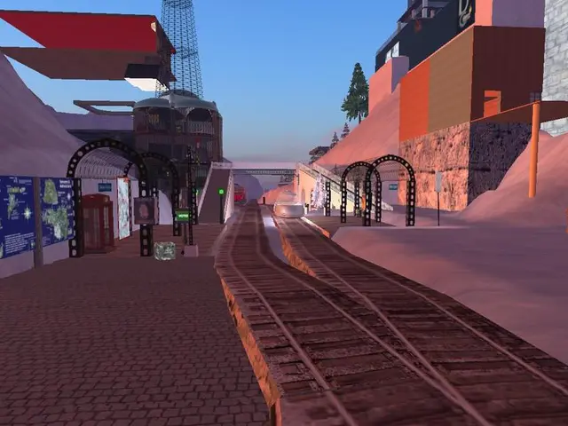 In this image I can see the digital art of the railway station. I can see 2 railway tracks, the...