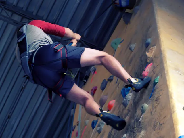 In this image I can see number of colourful climbing holds on the wall. I can also a man is holding...