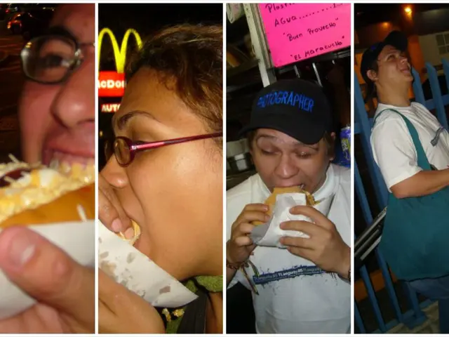 This is a collage image. I can see three persons eating food items. In the background, I can see a...