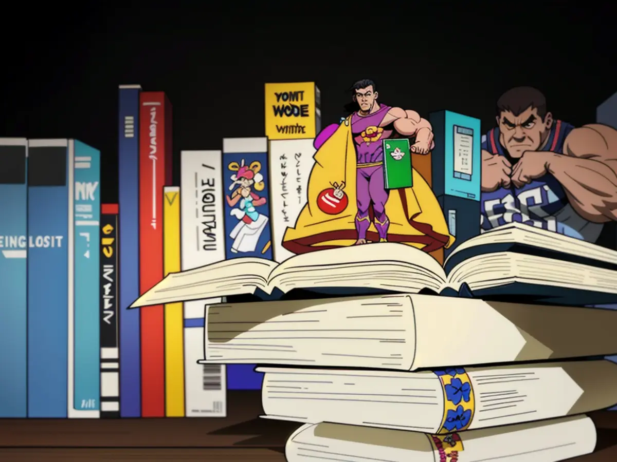 Multicolored books stacked in the background, with individual books on the same shelf in the...